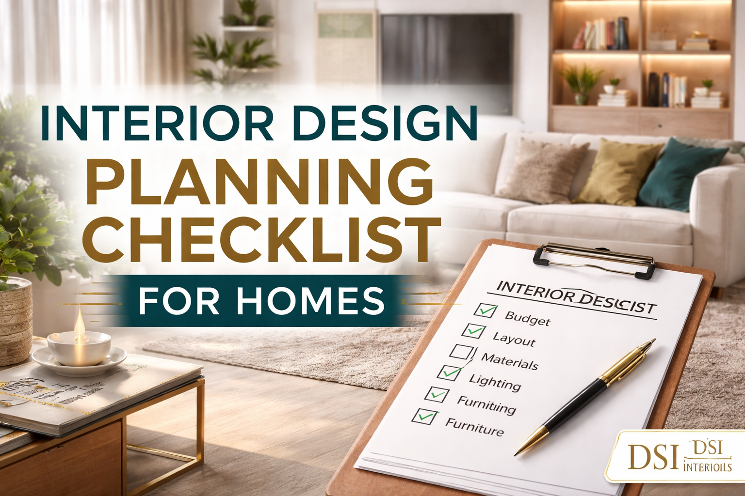 Follow this interior design planning checklist for homes to plan budget, layout, materials, and lighting before starting your project. Expert tips by DSI Interiors.